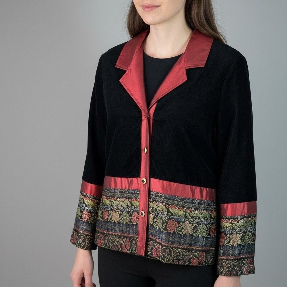 Coldwater Creek Black Velvet Jacket with Red Satin Trim & Tapestry Hem